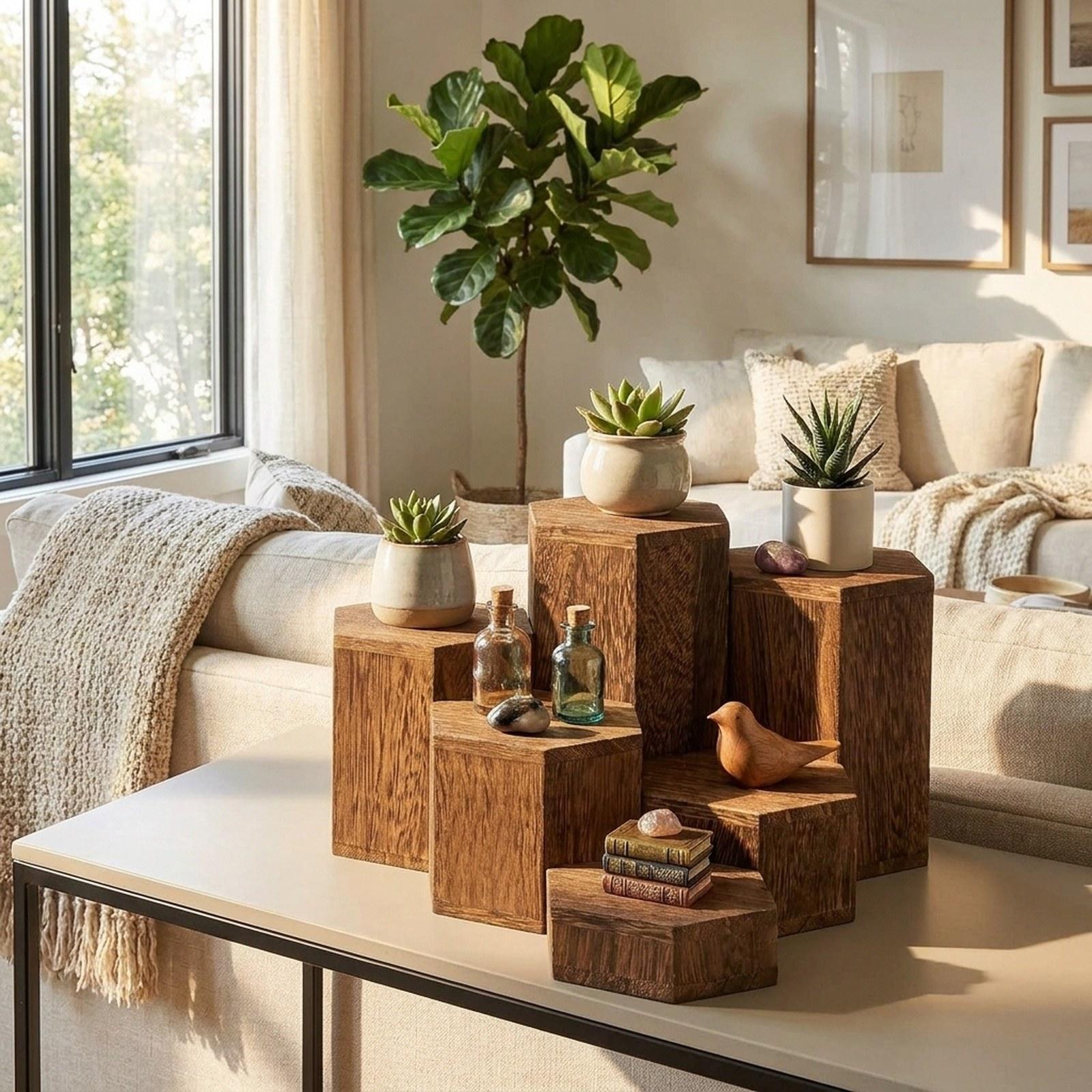 Display Risers Set - 6-delige set houten zeshoekige displayblokken, trapvormige